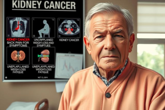 The image features a middle-aged man with serious facial expression. He is seated in front of a presentation board that includes diagrams related to kidney cancer, such as anatomical illustrations and warning messages like 'Kidney Cancer' and 'Late Stage Cancer'.
