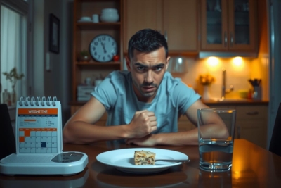 The image shows a young adult male sitting at a kitchen table. He is wearing casual clothing and seems to be in a serious or concerned state, as he looks directly ahead with his mouth slightly open, possibly mid-speech or deep thought.