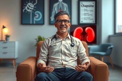 The image features a man sitting in a modern office chair. He is wearing a light blue shirt, dark pants, and glasses with a slight smile on his face. The background includes medical-related posters and artwork that suggest a theme of health or medicine. 