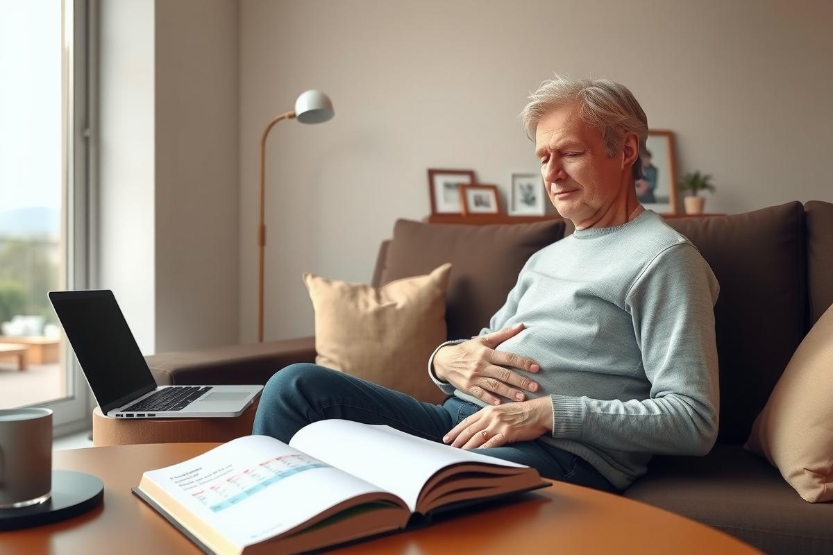 The image shows a man sitting in a living room, using his laptop. He appears to be reading or studying from a book that is open on the table beside him. The couch he is sitting on has a light-colored upholstery and there's another book nearby.