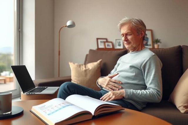 The image shows a man sitting in a living room, using his laptop. He appears to be reading or studying from a book that is open on the table beside him. The couch he is sitting on has a light-colored upholstery and there's another book nearby. 