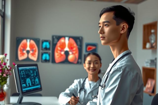 The image depicts a professional medical setting with two individuals, likely doctors or healthcare professionals. They are in front of a large monitor displaying detailed images of the human body, possibly related to anatomy and physiology.