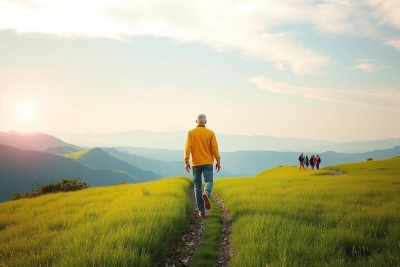 The image depicts a hiker in a natural, mountainous setting. The person is walking along a trail that winds through grassy slopes. The sky is clear with the sun setting or rising in the distance, casting long shadows on the landscape.