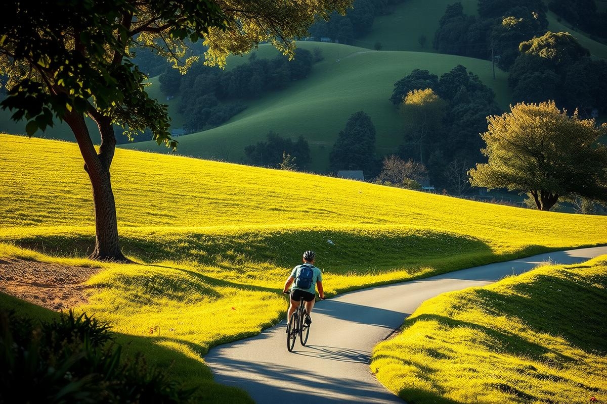 A cyclist rides a bicycle on a path through a picturesque countryside with rolling hills and vibrant green grass. The sun is low in the sky, creating long shadows and highlighting the serene atmosphere.