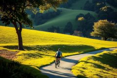 A cyclist rides a bicycle on a path through a picturesque countryside with rolling hills and vibrant green grass. The sun is low in the sky, creating long shadows and highlighting the serene atmosphere.