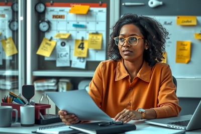 The image depicts a professional woman seated at an office desk. She is wearing glasses and has her hair pulled back. The woman appears to be engaged in work, possibly reviewing documents or using computer equipment. There are various items on the desk such as notes, a laptop, a keyboard, and other office supplies.