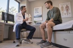 Orthopedic surgeon consulting a male patient, demonstrating knee anatomy with a prosthetic model.