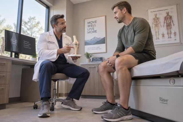 Orthopedic surgeon consulting a male patient, demonstrating knee anatomy with a prosthetic model.