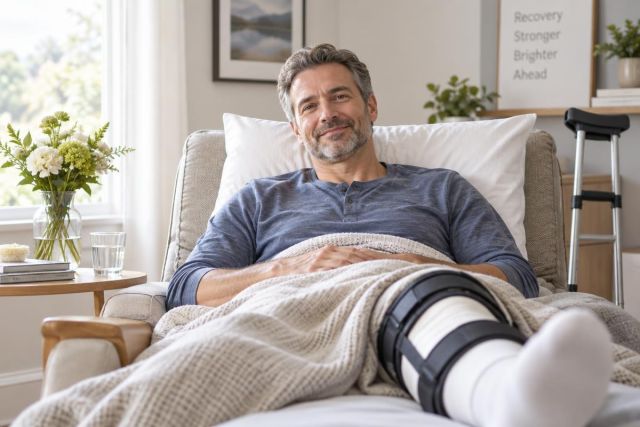 Middle-aged man resting at home with knee brace and crutches, calm postoperative recovery setting.