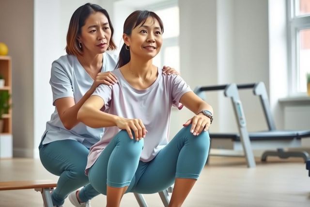 Two women in athletic wear sit on a bench in a gym. One is gently touching the other's shoulder, suggesting support or physical therapy. The environment includes workout equipment and natural light.