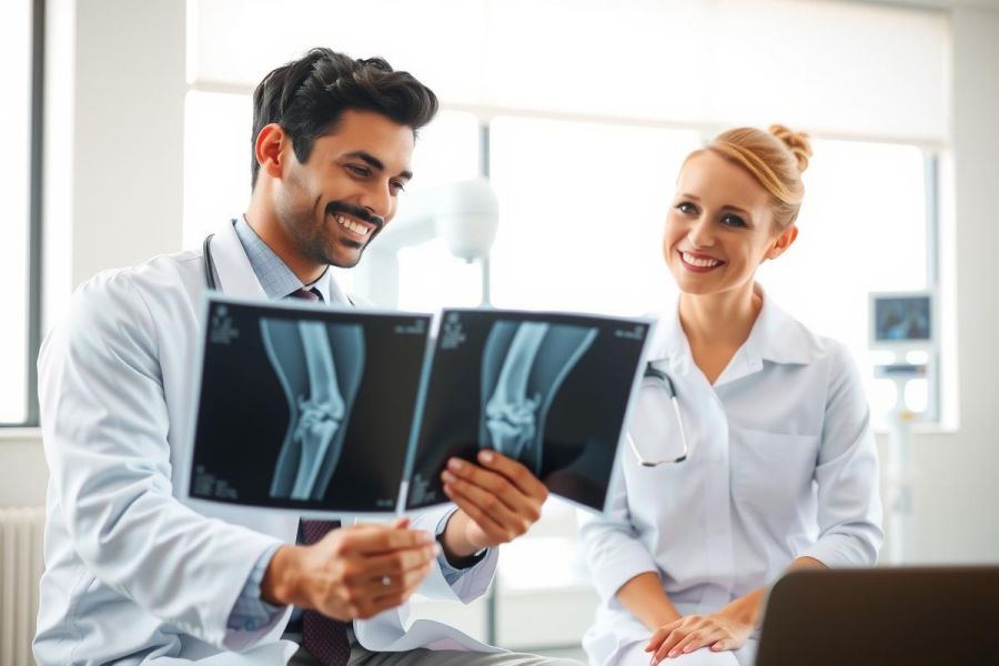 Doctors examining an X-ray in a medical setting. Two healthcare professionals review a patient's bone scan, highlighting diagnostic assessment and medical consultation.