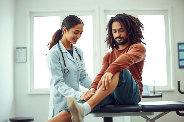 A doctor examines a patient's leg during an office visit. The patient is seated on an examination table while the doctor assesses the leg. Healthcare setting, medical checkup.