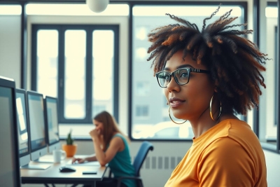 The image features a woman with dreadlocks and glasses engaged in work at her desk. She is using a computer, possibly for data analysis or software development. Her attire includes an orange shirt. The background suggests a modern office environment with other individuals working.