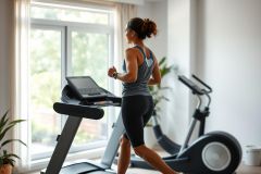 Woman exercising on a treadmill in a bright, modern home gym. She's wearing athletic wear and running near a large window with greenery visible outside. Fitness, workout, home exercise, and healthy lifestyle are key themes.