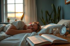 A cozy bedroom scene with a woman sleeping on her stomach. Her head is comfortably resting on the pillow, and she has a soft smile on her face.