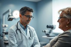 Doctor in a bright blue exam room consults with a patient. The healthcare professional, wearing a stethoscope, attentively listens while the patient smiles. Medical setting, healthcare, doctor-patient relationship, consultation, and professional care are evident.