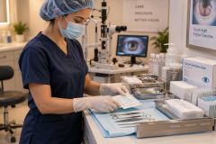 Ophthalmic nurse preparing sterile instruments on tray in a clinic before LASIK procedure.