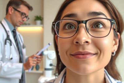 In the image, a female doctor is in the foreground with glasses and a surprised or mildly panicked expression as if she has just discovered something unusual. Behind her, a male doctor wearing a stethoscope is focused on reading from a paperwork or medical report. 