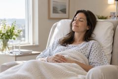 Relaxed patient reclining in a recovery chair wearing a hospital gown and wristband, calm room.