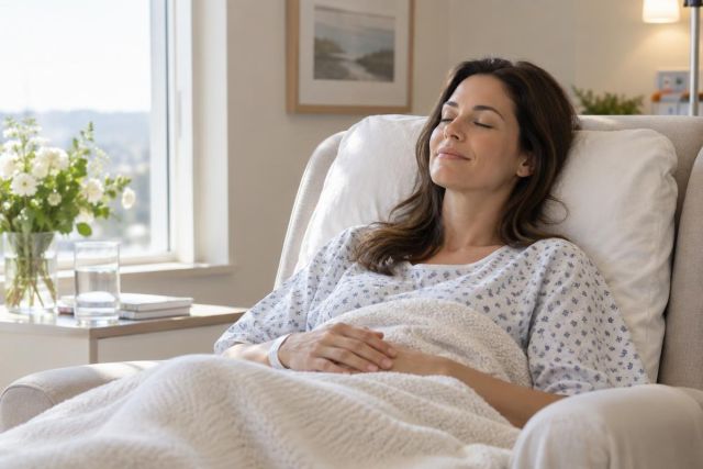 Relaxed patient reclining in a recovery chair wearing a hospital gown and wristband, calm room.