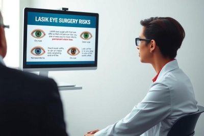 The image shows a doctor and patient in a medical office setting. The doctor is sitting at the computer, with a monitor displaying information about lasik eye surgery risks. The focus is on the interaction between healthcare professional and patient regarding informed consent for a medical procedure.