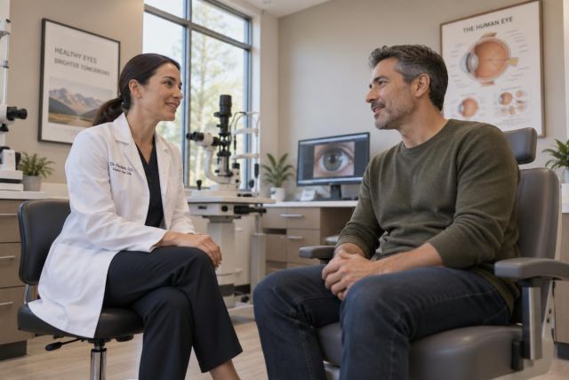 Ophthalmologist consulting with patient in clinic, explaining eye health and LASIK options.