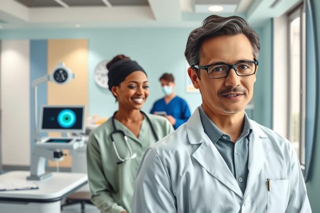 The image features a man and woman in a medical office setting. The man is on the left, wearing a white lab coat with glasses and a mustache. He has short dark hair and is looking directly at the camera. On the right, there's a woman also dressed in a professional outfit including a navy-blue scrub and a white cap, she appears to be smiling and engaged in an activity related to patient care or medical testing. 