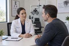 Ophthalmologist consulting with patient in modern eye clinic, exam equipment visible behind them