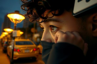 The image captures a nighttime urban scene with a person standing on the sidewalk. The individual appears to be looking down, with a focused or contemplative expression. There are multiple vehicles in the background and street lamps illuminating the setting.