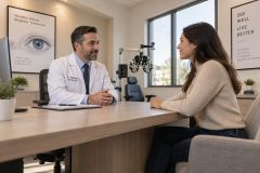 Ophthalmologist consulting with patient in exam room, eye test equipment visible in background