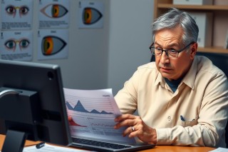 The image depicts a middle-aged man seated at an office desk, engrossed in work. He is focused on a laptop screen and appears to be analyzing data or statistics on a graph displayed there. The environment suggests a professional setting with various papers scattered around the desk, possibly related to his tasks.