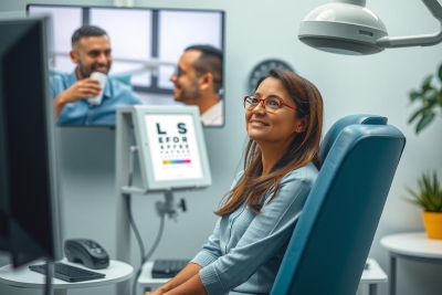 A young woman sitting in a dental chair, smiling at the camera. She is wearing glasses and has black hair. On either side of her are large screens displaying eyeglass prescription information.