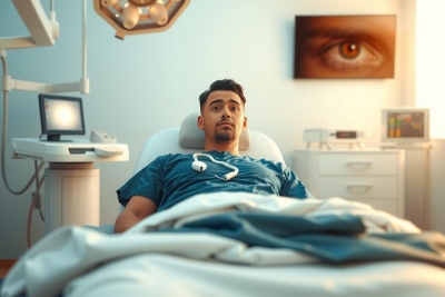 The image depicts a young man lying in a hospital bed, appearing to be undergoing medical treatment. He is connected to various machines and equipment typically found in a healthcare setting, suggesting that he might be receiving care for an illness or injury. The room has clinical white walls, which enhances the perception of a sterile and professional environment. There are also medical monitors visible near his bed, emphasizing the serious nature of his situation.
