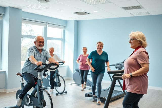 Seniors exercising in a bright, modern gym. Group fitness class featuring stationary bikes and treadmills. Active aging, healthy lifestyle, senior wellness, blue and gray color palette.