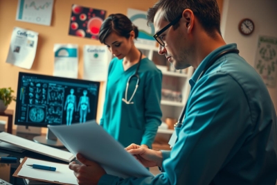 The image depicts a medical environment where two healthcare professionals are engaged in their work. The man, on the left side of the frame, is wearing a blue scrub and appears to be examining or reviewing patient records on a computer screen. On the right side, a woman in a similar outfit is looking at the same screen, possibly assisting with diagnosis or treatment planning. 