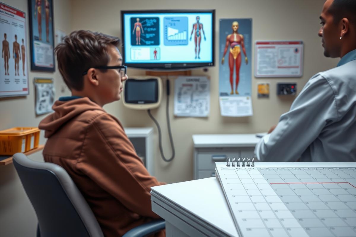 The image depicts a clinical setting where a person is sitting at a desk in front of a doctor. The patient is facing the camera, while the doctor is standing and seems to be engaged in conversation or assessment. In the background, there are medical posters on the wall providing information about anatomy. The overall atmosphere suggests a routine medical check-up taking place.