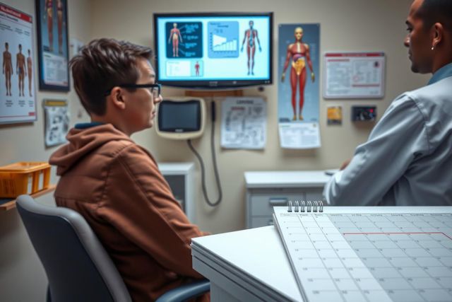 The image depicts a clinical setting where a person is sitting at a desk in front of a doctor. The patient is facing the camera, while the doctor is standing and seems to be engaged in conversation or assessment. In the background, there are medical posters on the wall providing information about anatomy. The overall atmosphere suggests a routine medical check-up taking place.