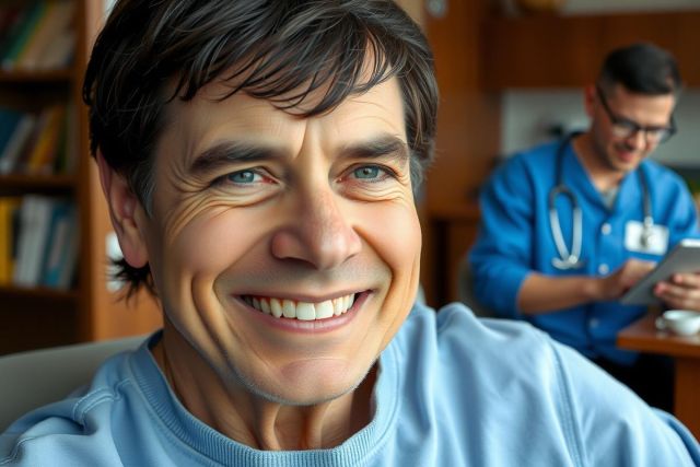 The image shows a middle-aged man seated in a room with medical personnel. The man is smiling and seems to be engaged in a conversation or explanation related to his health. He wears a hospital gown, suggesting he may be a patient undergoing treatment or receiving instructions from the medical staff present in the background. 
