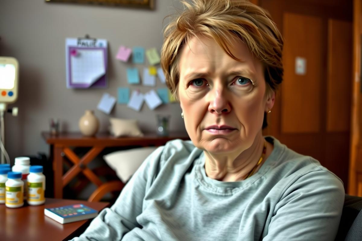 The image shows a woman in an indoor setting, possibly a home office or living room. She appears to be middle-aged with short hair and is looking slightly downwards with a serious expression on her face. Behind her is a desk with various objects including papers, pens, and bottles, which suggests that she might be working or engaged in some form of task. 