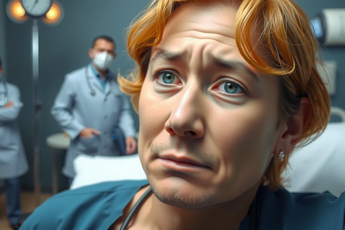 This image depicts a dramatic scene, likely from a movie or television show. The main focus is a person lying in what appears to be a hospital bed, looking distressed with their mouth slightly open and an expression of surprise or disbelief. They have distinctive red hair. In the background, there are two medical professionals dressed in scrubs, observing the situation with concern. The setting suggests a healthcare environment, possibly an emergency room or hospital ward.