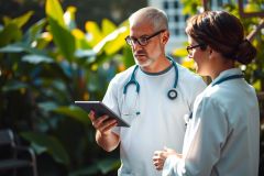 Two medical professionals in a garden setting, examining health records on a tablet. They are dressed in white coats and stethoscope lanyards, indicating their roles as doctors or nurses.