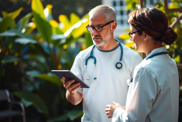 Two medical professionals in a garden setting, examining health records on a tablet. They are dressed in white coats and stethoscope lanyards, indicating their roles as doctors or nurses.