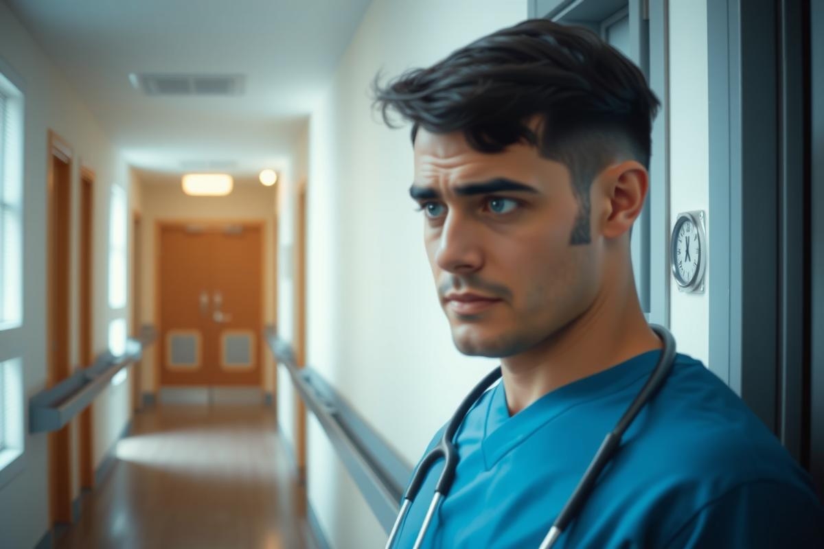 The image shows a man wearing a medical scrub and stethoscope, standing in the hallway of a hospital. The man is looking off to the side with a focused expression. His attire suggests he might be a doctor or nurse. The hallway has medical equipment and cabinets on both sides, indicating that this is an area within a healthcare facility.