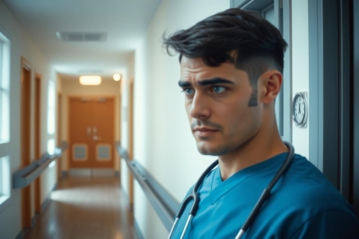 The image shows a man wearing a medical scrub and stethoscope, standing in the hallway of a hospital. The man is looking off to the side with a focused expression. His attire suggests he might be a doctor or nurse. The hallway has medical equipment and cabinets on both sides, indicating that this is an area within a healthcare facility.