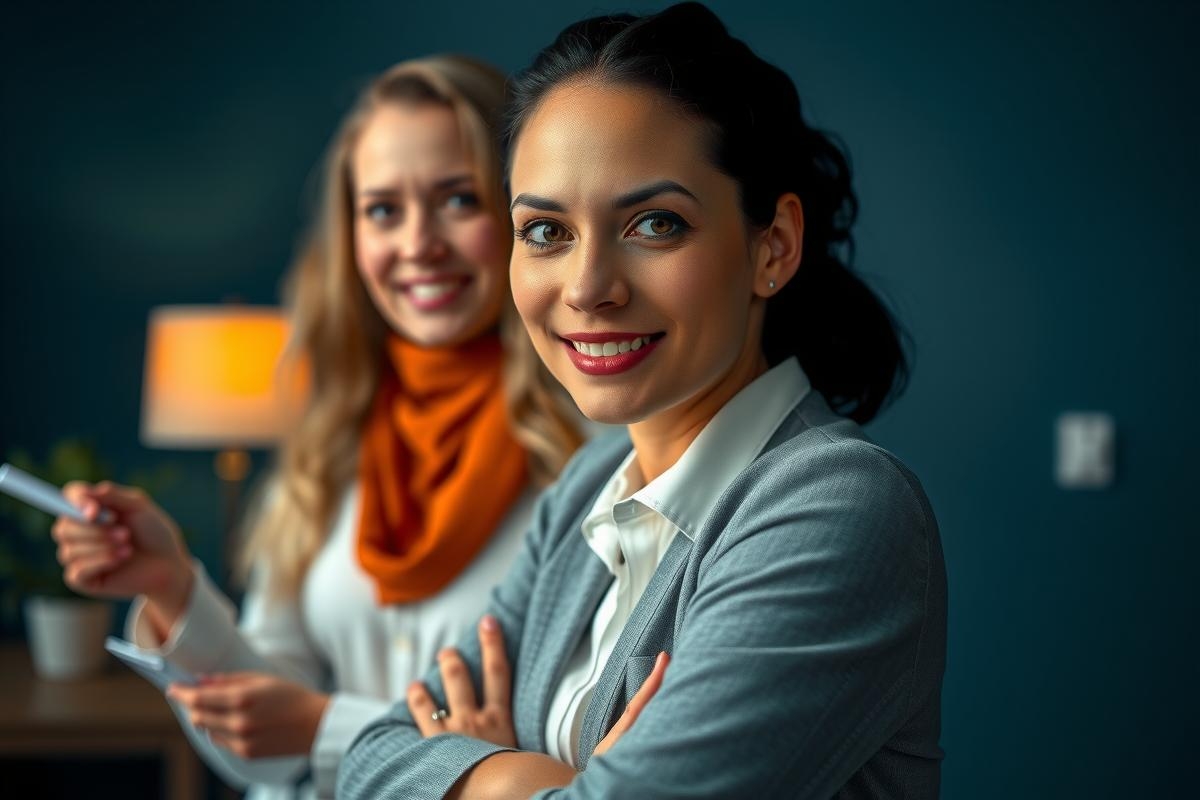 Two businesswomen in a conference room. One is smiling and pointing towards papers, with the other leaning forward, also engaged in discussion. They are dressed professionally in office attire.