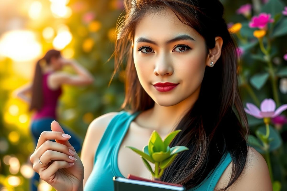 The image shows a young woman standing outdoors in what appears to be a garden or park. She is wearing a casual tank top and has her hair tied back. The woman is holding a small potted plant in one hand, suggesting a theme of nature or gardening. Her expression is neutral and she seems to be looking directly at the camera. 