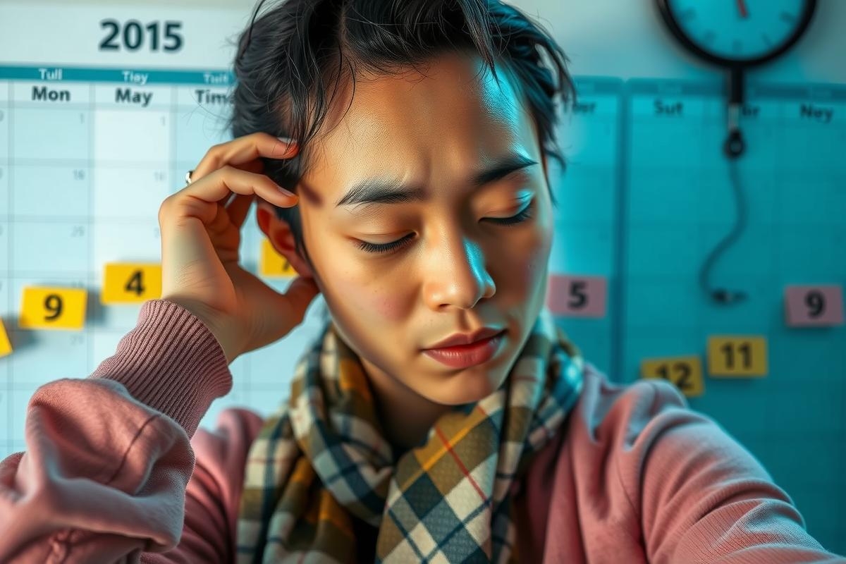 In the image, a person is seen in front of a calendar. The individual appears to be deep in thought or contemplation, as evidenced by their hand on their head and eyes closed, suggesting they might be lost in thought. The setting seems to be indoors, possibly an office, given the presence of the calendar which is commonly used for tracking dates and schedules.