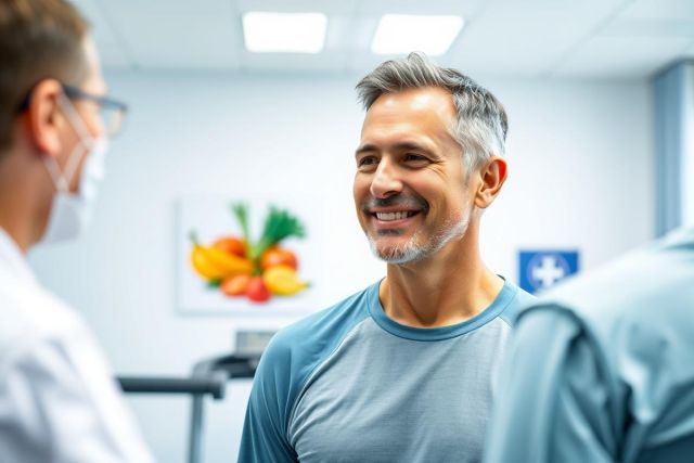 Man smiling during a healthcare consultation. A doctor wearing a mask is visible in the background of a bright, modern clinic. Fruit and vegetable art decorates the wall, suggesting a focus on health and wellness. Blue and white tones dominate the scene.