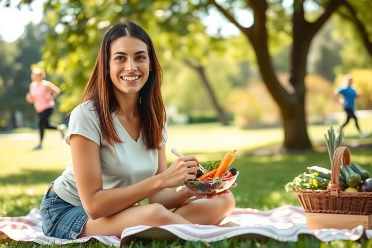 A woman sitting on a blanket in a park, smiling and eating a salad. The environment is lush and green with trees around her, suggesting a healthy outdoor lifestyle.