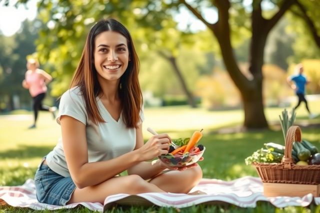 A woman sitting on a blanket in a park, smiling and eating a salad. The environment is lush and green with trees around her, suggesting a healthy outdoor lifestyle.